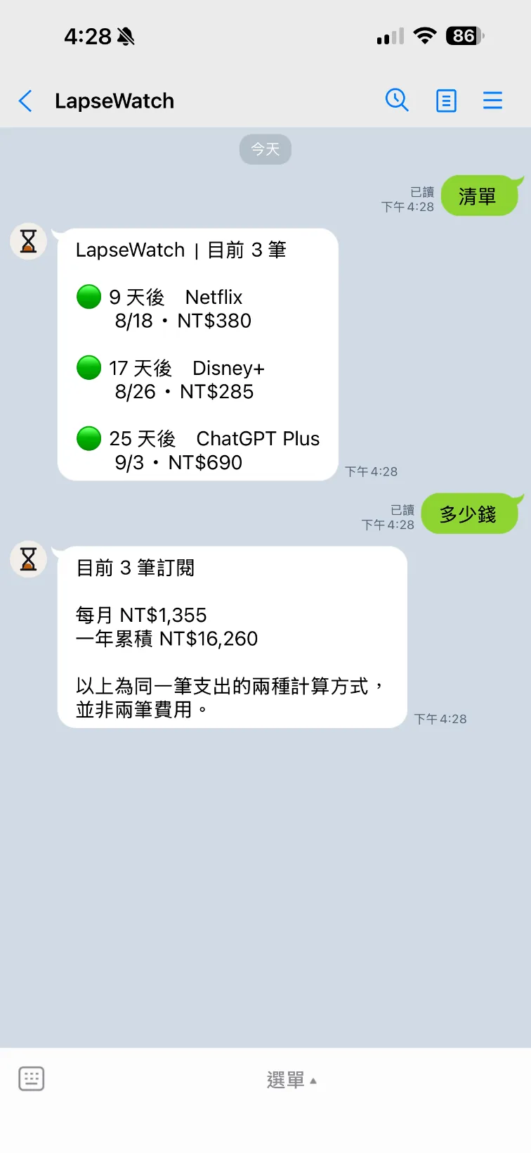 LINE 對話畫面：傳「清單」列出三筆訂閱與各自的剩餘天數，傳「多少錢」回覆每月與一年累積的金額